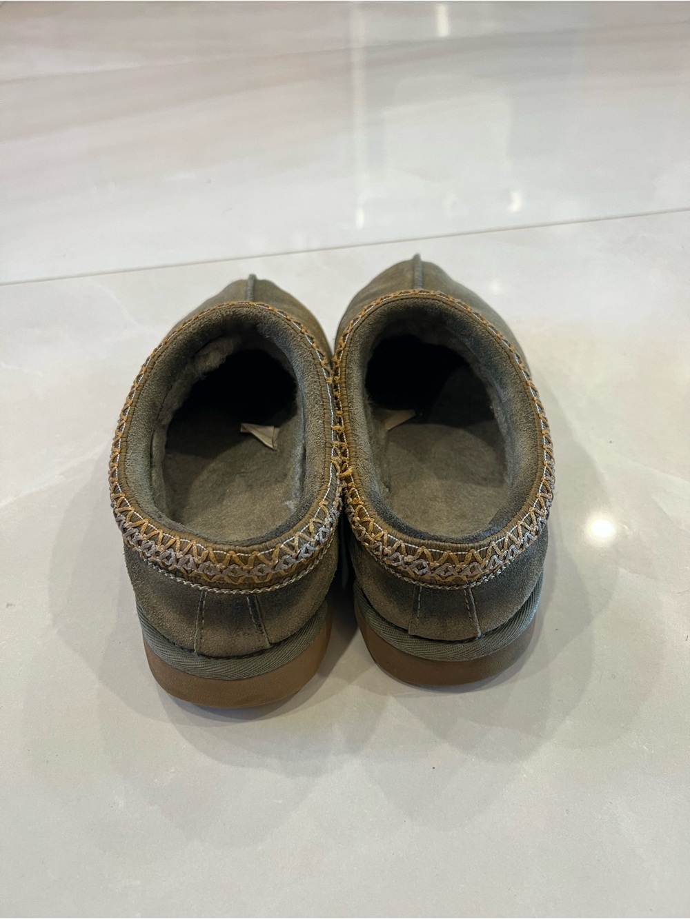UGG Olive Green Suede Shearling Slip-On Slippers - Picture 2 of 7